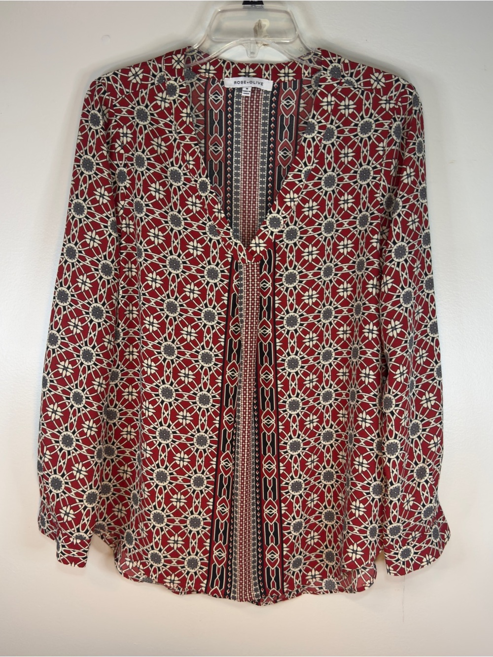Rose & Olive Red Geometric Floral Long Sleeve Blouse Sz M